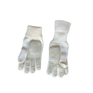 Vintage Knit Leather Palm Work Gloves Cream Off White Ribbed Cuff Winter Outdoor